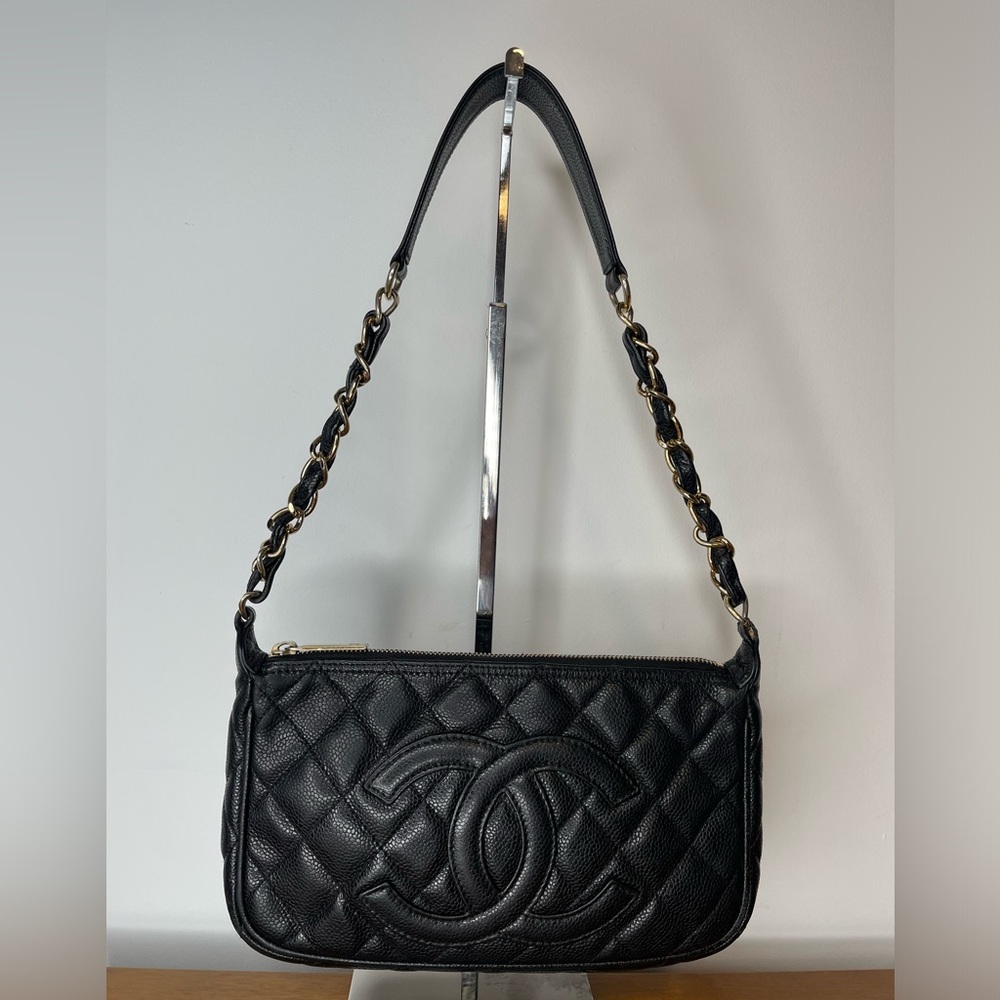 Auth Classic Chanel Black Caviar Hobo Chain Gold HW Handbag Pochette